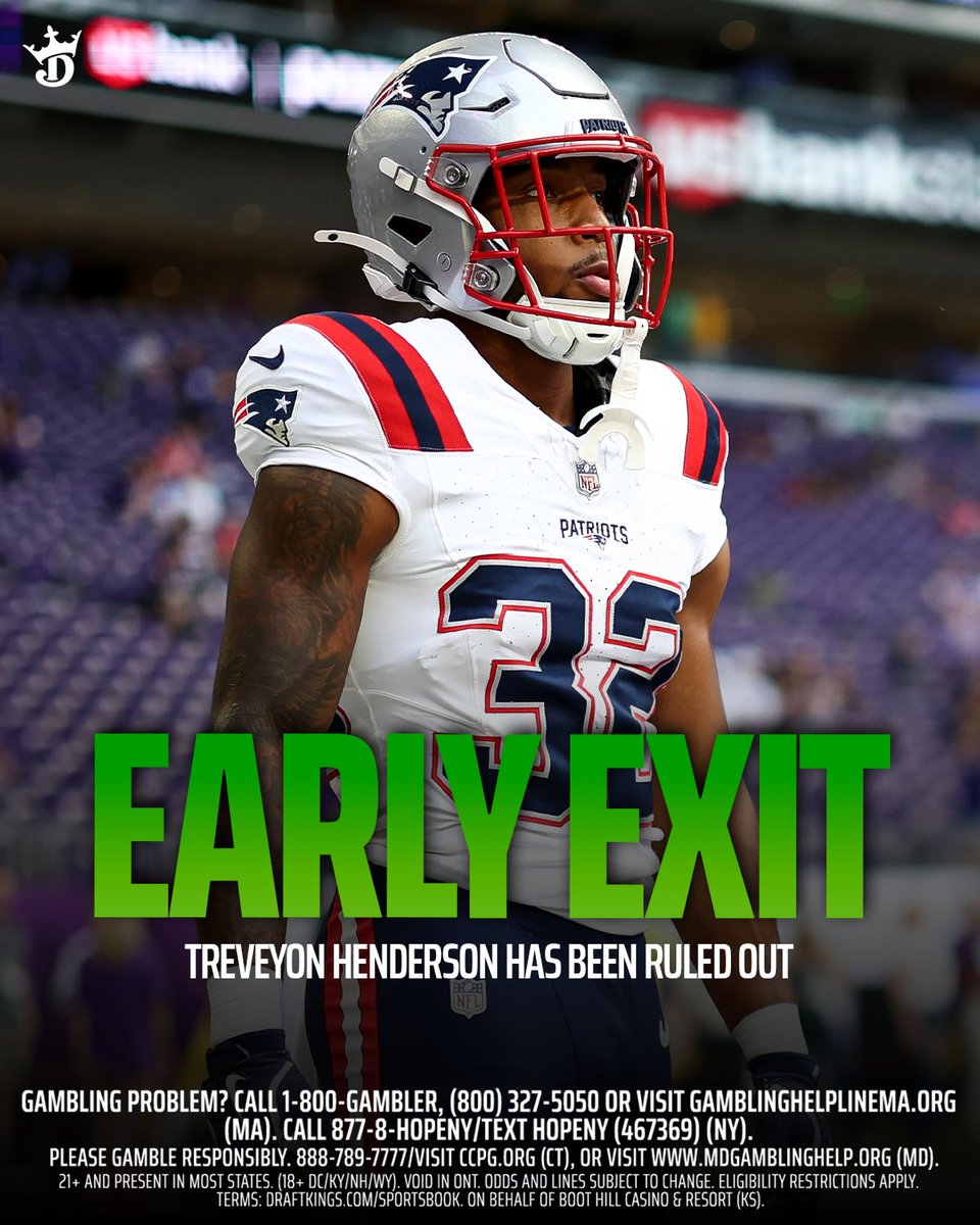 DKSportsbook's tweet image. TreVeyon Henderson has been ruled OUT with an injury in the 2ND QUARTER.

Henderson is eligible for Early Exit - which has you covered for the ENTIRE first half 🤝

All qualifying bets (including LIVE) will be honored, and withdrawable CASH credits will be distributed within 24…