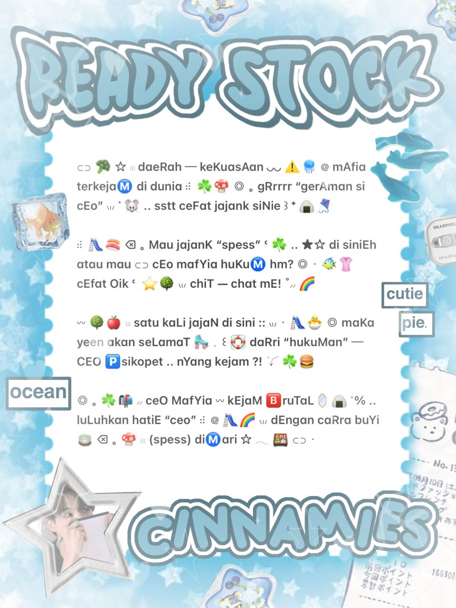 cinnyamies's tweet image. ╭┈  ֹ   help repost? thankies, sweetie 🐳

{ II } ׁ ๑ 🪽.. haii, timan — timun ?! naka punya wording bio (3.500/each) dan pinned (4.500/each) ready stock nih 𓏏𓏏 ִ ⊹  💧🦴 yuk, ping chat:ie aku &amp;amp;. take sekarang juga   𓈒˚ &amp;gt;___^ 

#zonauang️