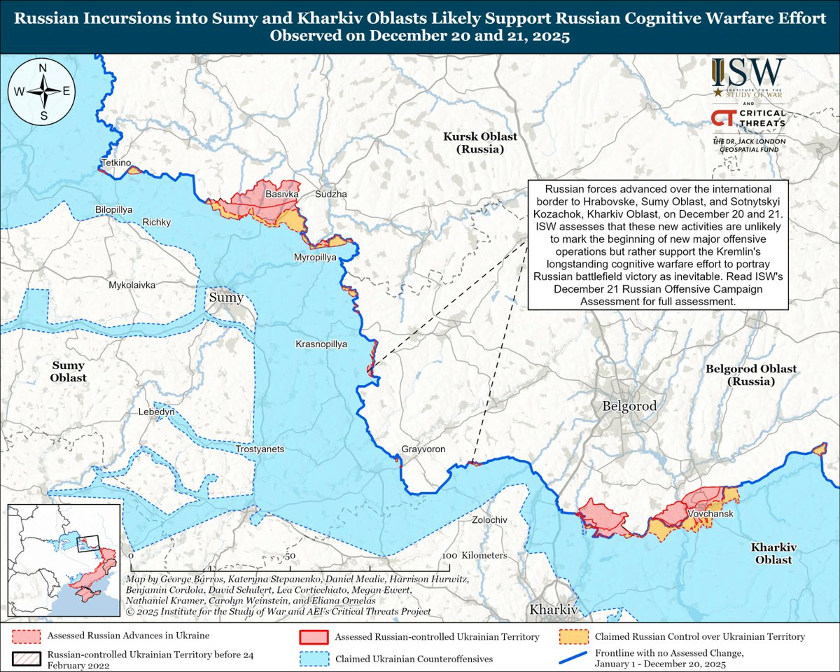 TheStudyofWar's tweet image. NEW: Russian forces are conducting a new cognitive warfare campaign through limited cross-border attacks across a broad part of the previously dormant northern frontline in Sumy and Kharkiv oblasts. 🧵(1/3)

These two cross-border attacks likely intend to advance the Kremlin’s…