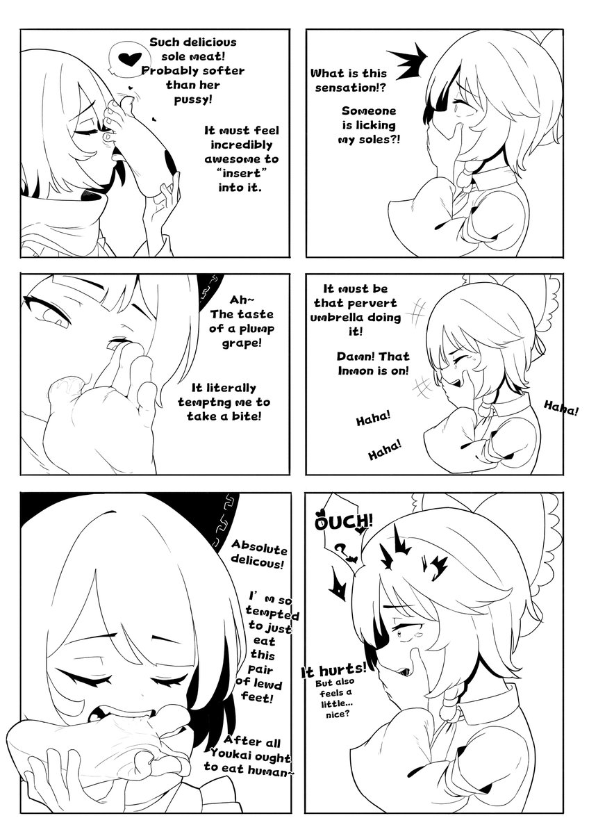 DebugMine's tweet image. #footfetısh #touhou #TouhouArt #博麗霊夢 #赤蛮奇 #東方Project   
Reimu's Footbox P.6
I really don't have time for drawing recent. To not kept you guys waiting, I decided to post line-only comic.