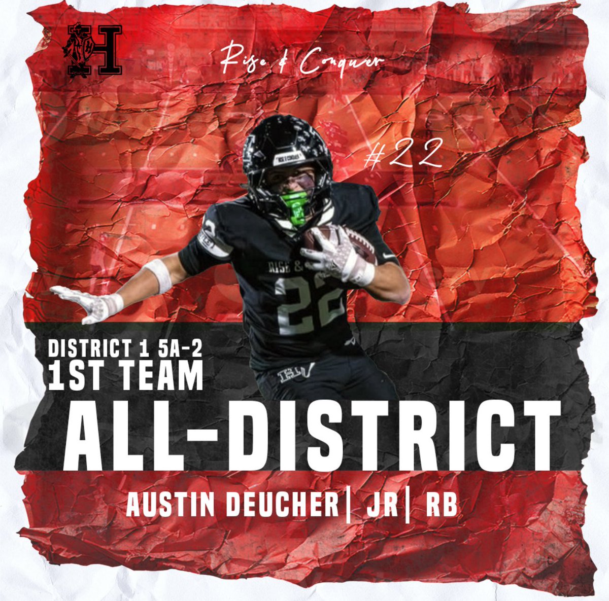 Coach_Veliz's tweet photo. Congratulations to our RB @dean_deucher for getting 1st Team All District honors. 

1621 yards 
#2 in District (#1 amongst RBs)
#5 in El Paso (#3 amongst RBs)

255 carries
#1 in District 
#2 in El Paso

10 TDs

22 receptions; 186 yds; 2 TDs

#TheKingdom #RiseAndConquer https://t.co/MuzIjjl859