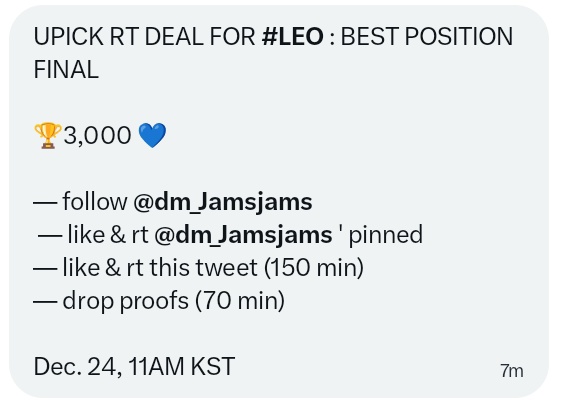 leokenyal's tweet image. UPICK RT DEAL FOR #LEO : BEST POSITION FINAL

🏆3,000 💙

— follow @dm_Jamsjams 
— like &amp;amp; rt @dm_Jamsjams ' pinned 
— like &amp;amp; rt this tweet (150 min)
— drop proofs (70 min)

Dec. 24, 11AM KST
