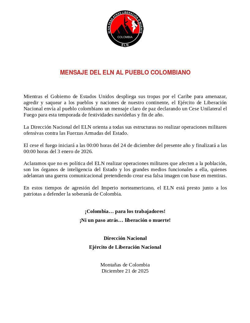 Reconocemos los anuncios de cese al fuego unilateral realizados por el ELN y por el Estado Mayor Central (EMC) durante la temporada de Navidad y Año Nuevo.

En particular, el comunicado del EMC constituye un gesto de buena voluntad que puede abrir caminos para seguir construyendo
