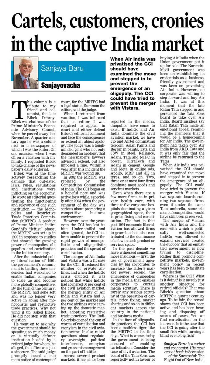 SushantSin's tweet image. Cartels and monopolies are a feature, not a bug of the system New India tom-toms.