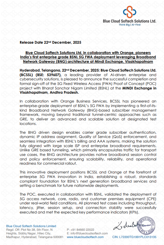 IndianStockEco's tweet image. 🚨Blue Cloud Softech Solutions:
👉#BlueCloudSoftech Solutions, in collaboration with Orange, pioneers India’s first enterprise grade #BSNL 5G FWA deployment leveraging Broadband Network Gateway (BNG) architecture at Mindi Exchange, Visakhapatnam.
#StocksToWatch #stockmarketsindia