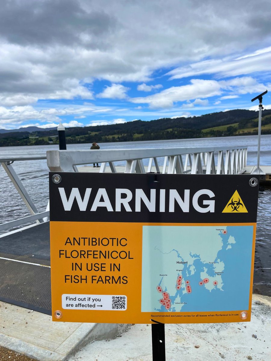 The government wouldn’t warn the public, so we are. Today, we began installing antibiotic warning signs at boat ramps, as industrial salmon companies dump hundreds of kilos of the controversial antibiotic florfenicol into Lutruwita / Tasmania’s waterways. #politas