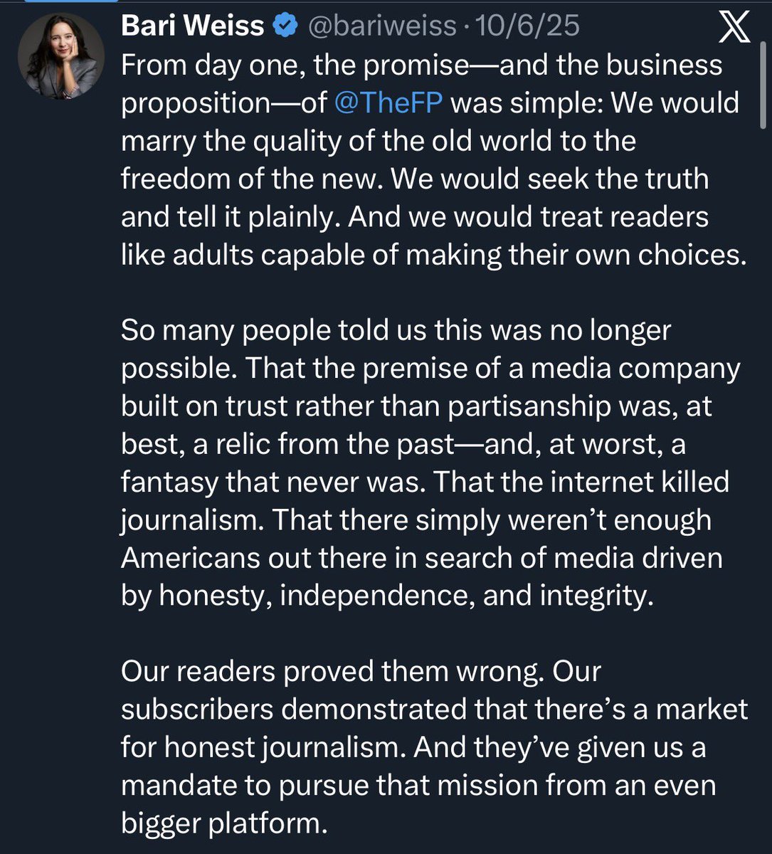 framzzzzzz's tweet image. @bariweiss your pinned post shows just how dishonest and hypocritical you are. Let journalists speak the truth plainly, in a way that supports honesty, independence, and integrity.