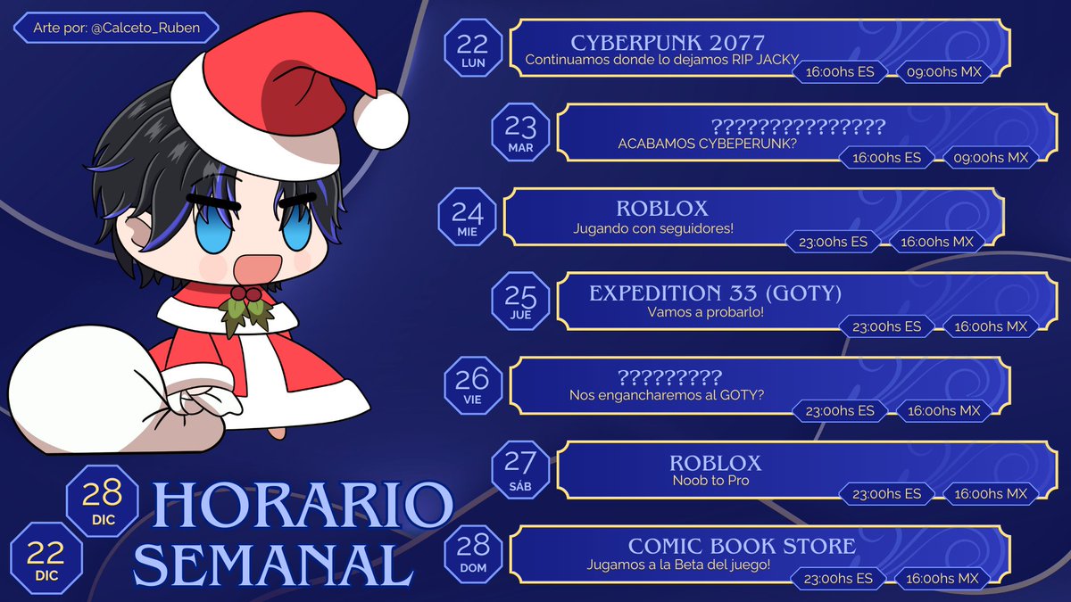 Horarios para esta semana! 

Ayer empezamos el CYBERPUNK y me gustaría acabarlo hoy! 

Feliz navidad!