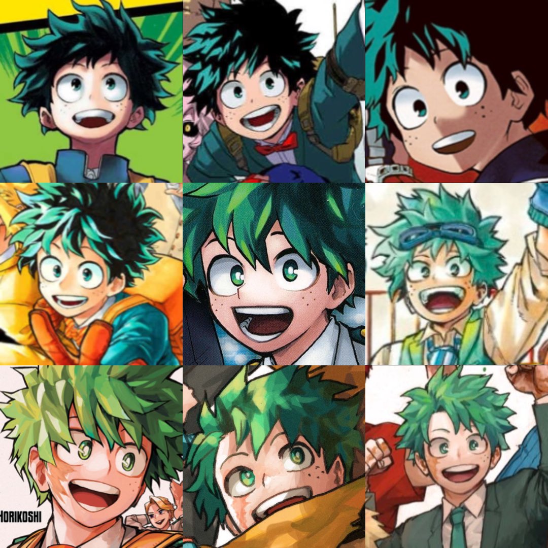 miodriya's tweet image. horikoshi drawing izuku throughout the years, you can see the difference especially when he gave him white pupils. izuku is so cutieful