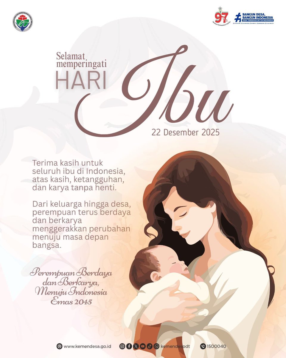 Terima kasih untuk seluruh Ibu di Indonesia, atas kasih, ketangguhan, dan peran tulus yang menguatkan bangsa.

#KemendesPDT 
#BangunDesaBangunIndonesia 
#HariIbu97