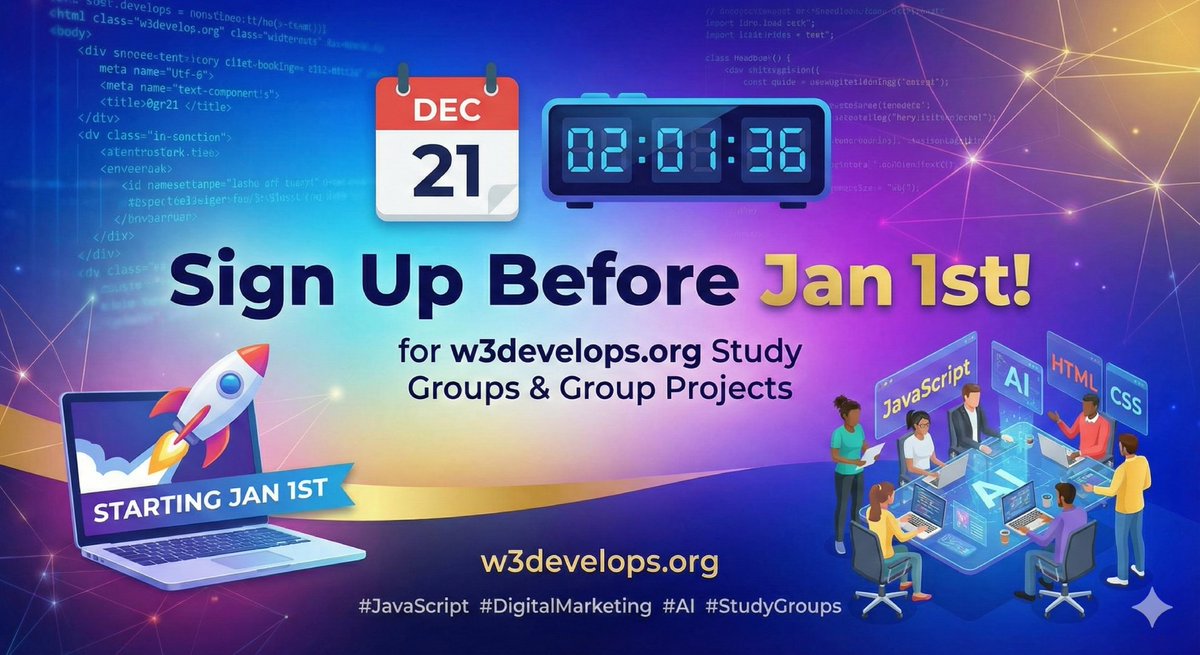 w3Develops's tweet image. Why learn alone when you can build together? Join our free study groups and tackle ambitious group projects with peers from around the world. 
🗓️ Sign-ups close: Dec 25th 
🚀 Start date: Jan 1st 
#JavaScript #DigitalMarketing #AI #Web3 #w3Develops #100DaysOfCode #freeCodeCamp