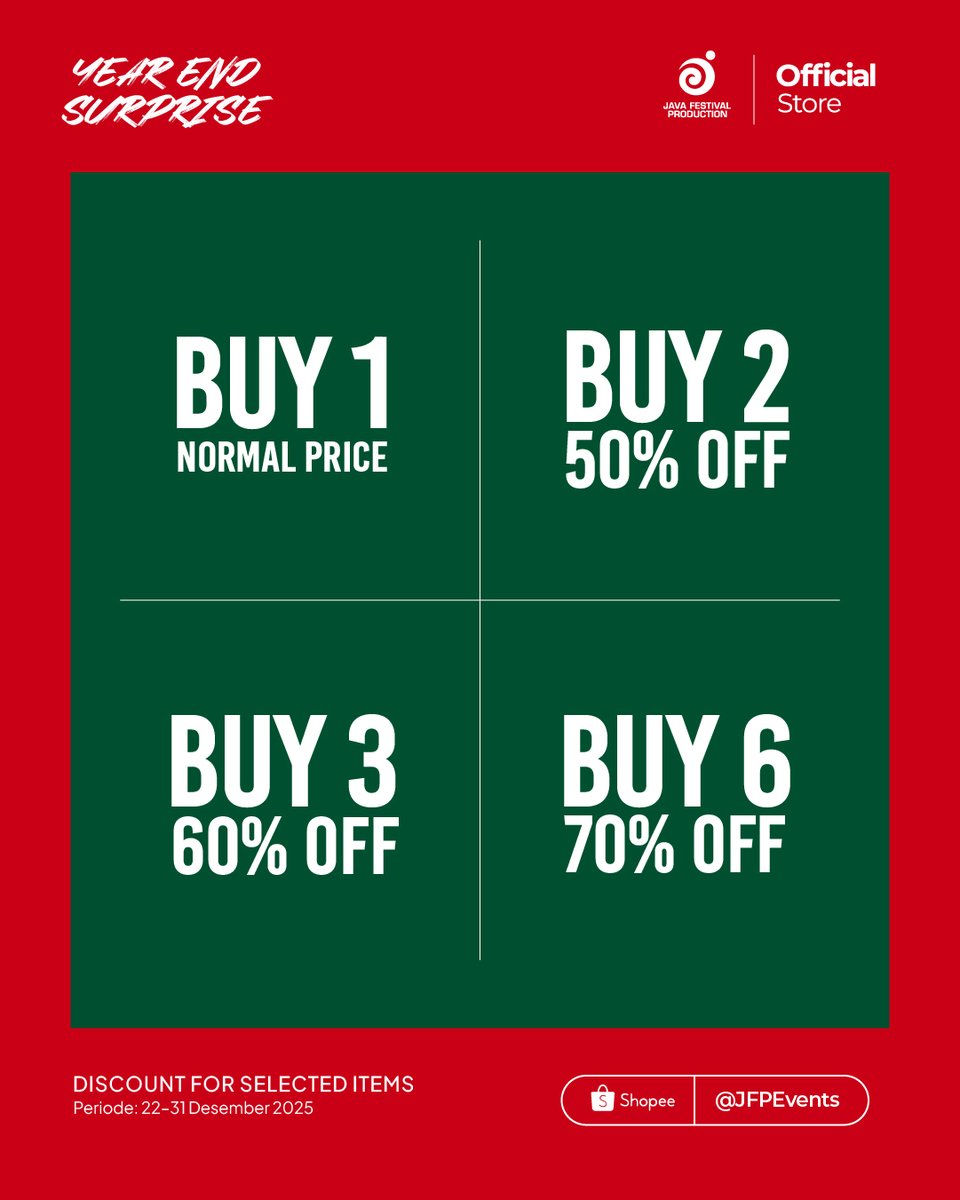 YEAR END SURPRISE!
To close the year, this is our thank you to music lovers. Official Java Festival Production merchandise is available with special year-end surprises. Mix selected items and enjoy automatic discounts. 22–31 Dec 2025 | shopee.co.id/jfpevents