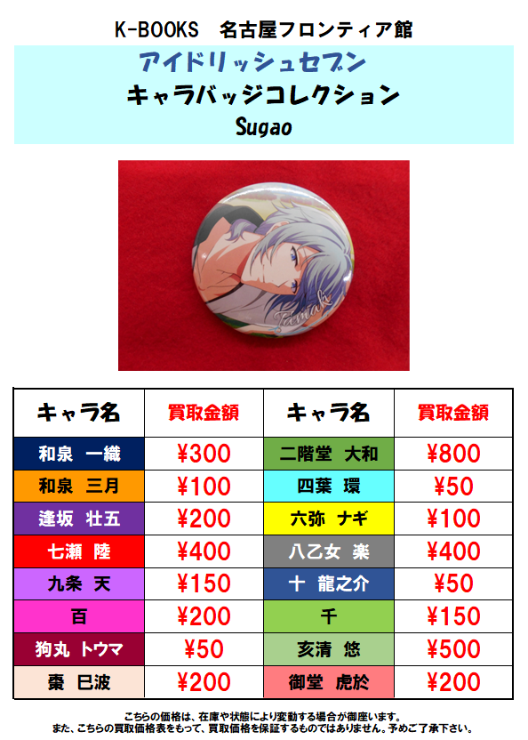 買取情報】アイドリッシュセブン キャラバッジコレクション Sugao絵柄