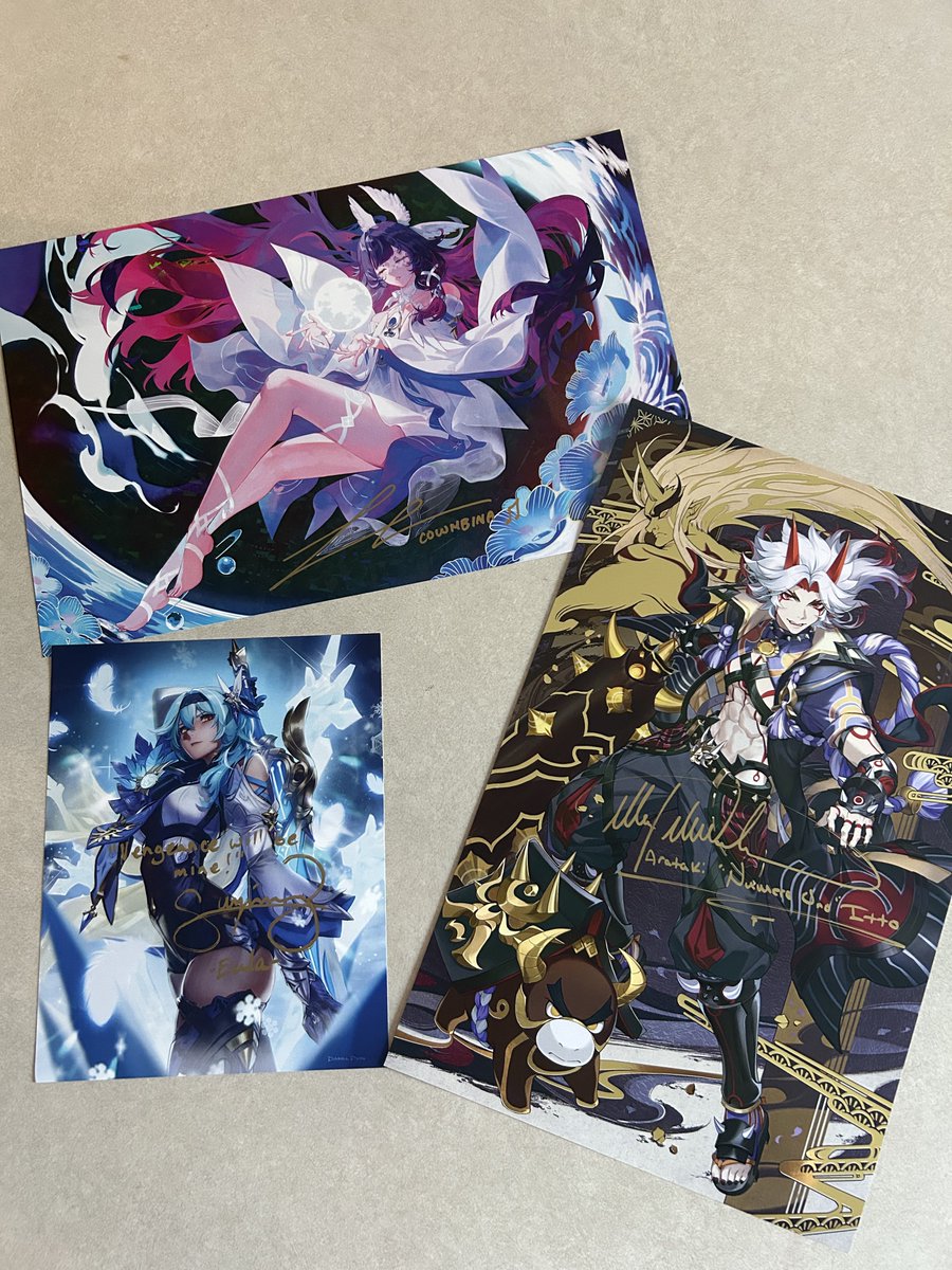 HOYOcast's tweet photo. Having the chance to meet Columbina (@KitsuneSqueak), Eula (@SuzieYeung) and Arataki Itto (@MaxMittelman) and get their autographs was an amazing experience! The wonderful people that give life to our favorite characters never truly get as much love as they deserve. Thank you! https://t.co/UMF0cFxYQc