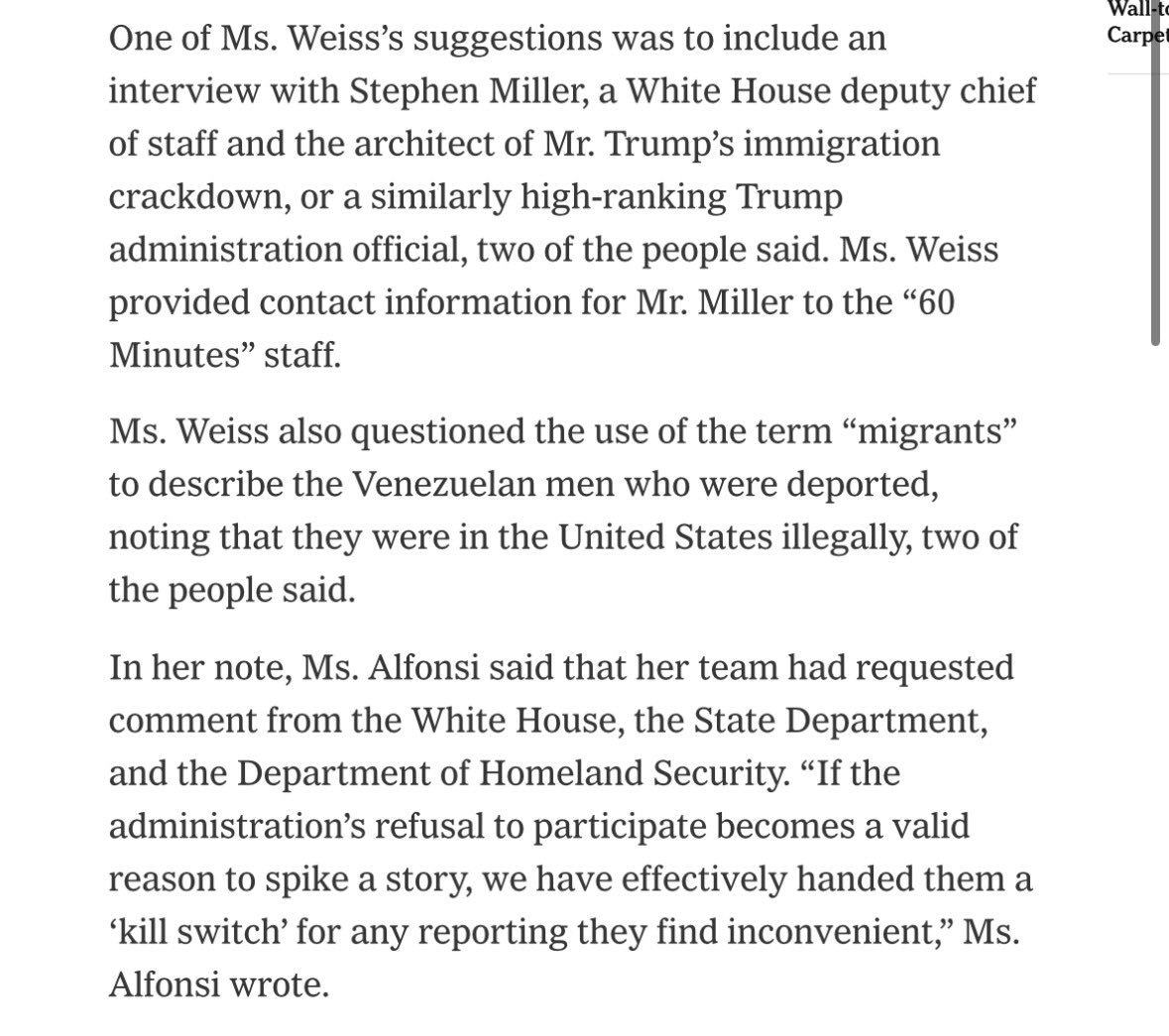 WOW and here’s the proof from <a href="/nytimes/">The New York Times</a>; Bari Weiss spiked the CECOT story because she wanted to have Stephen Miller included and demanded to control the language <a href="/60Minutes/">60 Minutes</a> used to describe the men who were brutally tortured after being sent to El Salvador without due process.