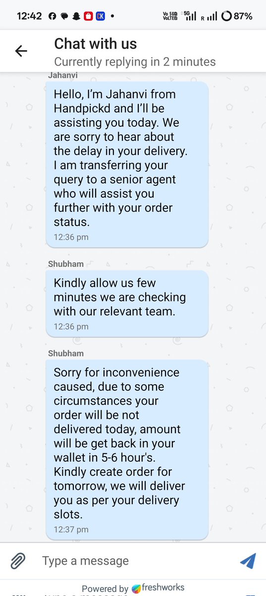LazyishEngineer's tweet photo. Ordered veggies from #handpickd with a promise of delivery before 9 AM.
No delivery.
On asking, told “45 more minutes”. Still nothing.
Asked again.. order cancelled without a valid reason and refund “later”.
This is repeated for the third time @AnantVGoel https://t.co/4Oa10EAKin