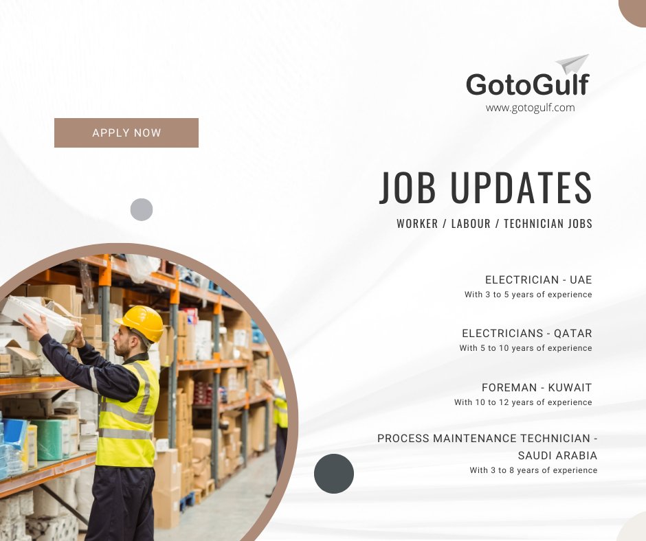 GotoGulf's tweet image. Click on the below link to apply for the job vacancies, gotogulf.com/PublicSearchVi…
#jobseekers #electrician #electricians #foreman #processmaintenancetechnician #Qatar #kuwait #uae #saudiarabia #GCC