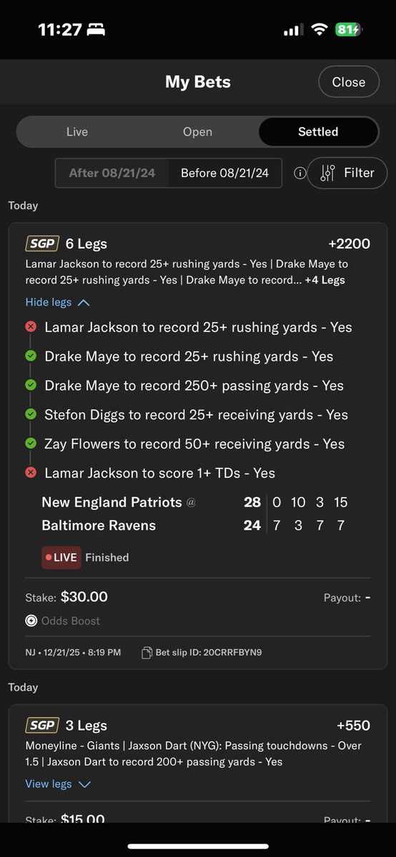 CGeorgallas's tweet photo. This is crazy WTF @BetMGM 
#ravens #patriots #lamarjackson !!!! https://t.co/zPOQ8lGyTY