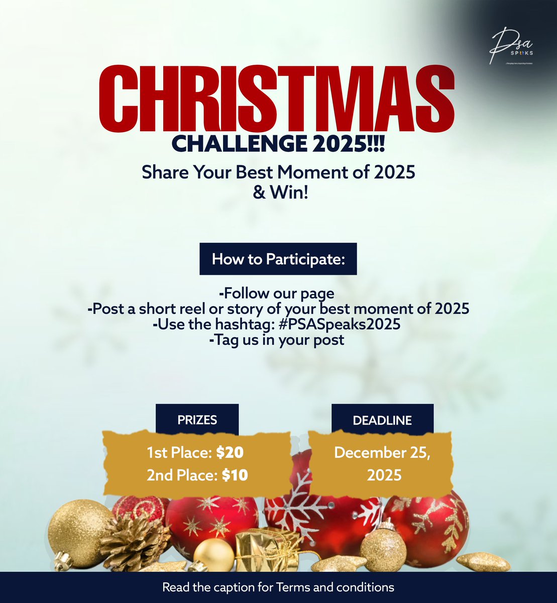 PSASpeaks's tweet photo. 🎄 Christmas Challenge 2025 🎄

This festive season, we want to celebrate YOU! Share your most memorable moment of 2025 and join our Christmas Challenge. Let’s relive the victories, testimonies, and blessings of the year together! https://t.co/vx7FcZNfK7