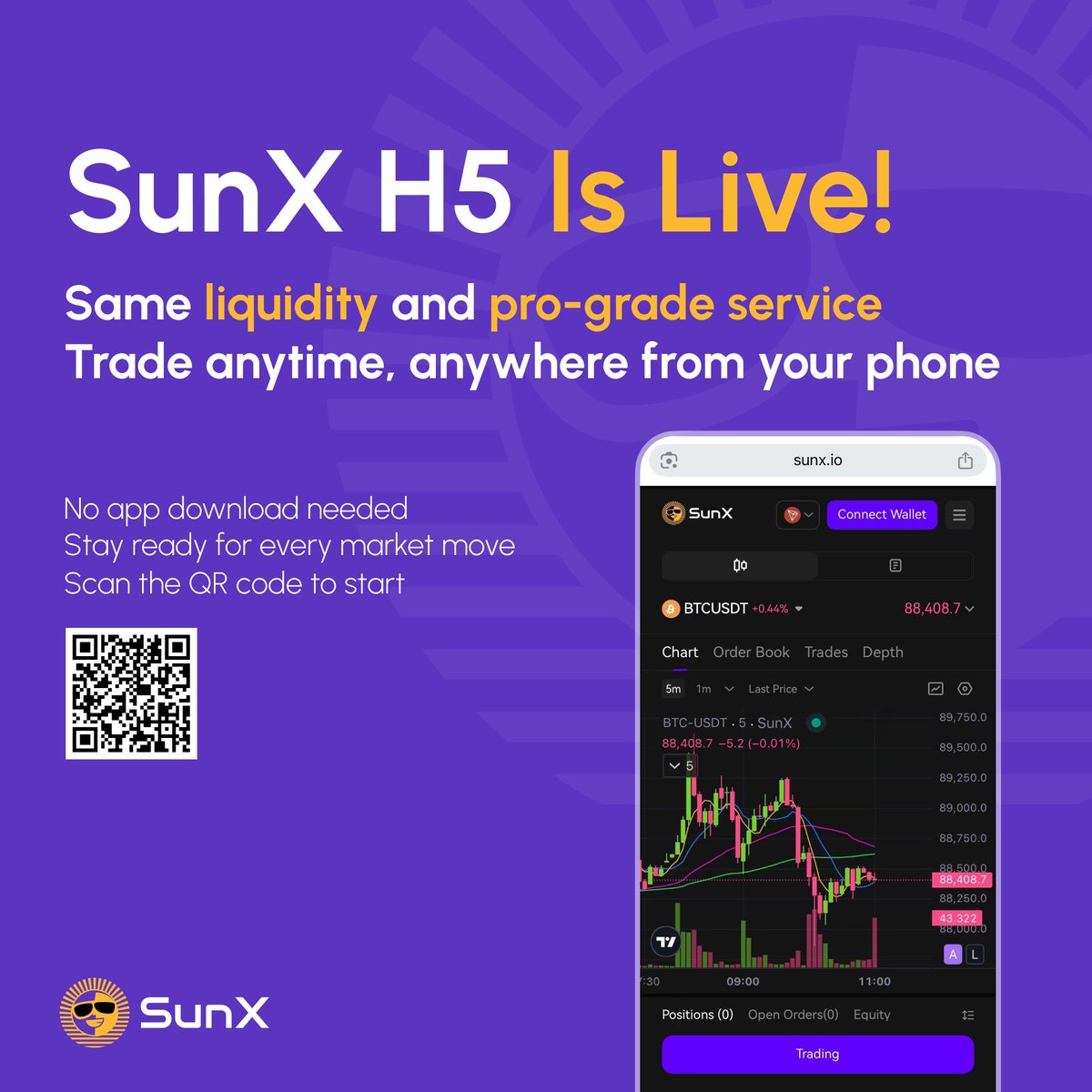 SunX_DEX's tweet image. SunX H5 is live! 

Trade on mobile with full liquidity, no app needed.  
Your browser is now a pro terminal. 📈

Start trading (or scan QR) ⤵️
sunx.io/futures/exchan…