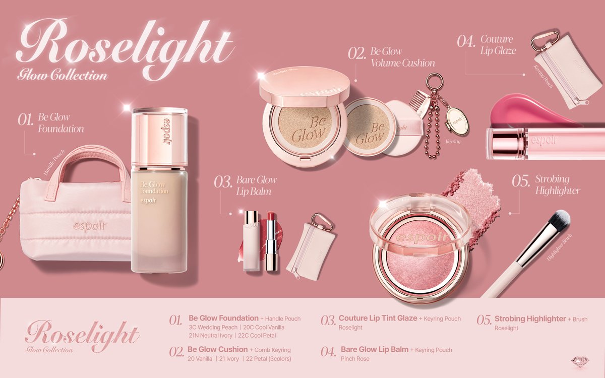 로젤라이트 글로우 컬렉션 라인을 소개합니다━☆ﾟ.*･｡ﾟ​

✦ 비글로우 파운데이션​
✦ 비글로우 볼륨 쿠션​
✦ 베어 글로우 립밤​
✦ 꾸뛰르 립틴트 글레이즈​
✦ 스트로빙 하이라이터​

12/31 올리브영에서 다양한 증정과 혜택으로 만나요!