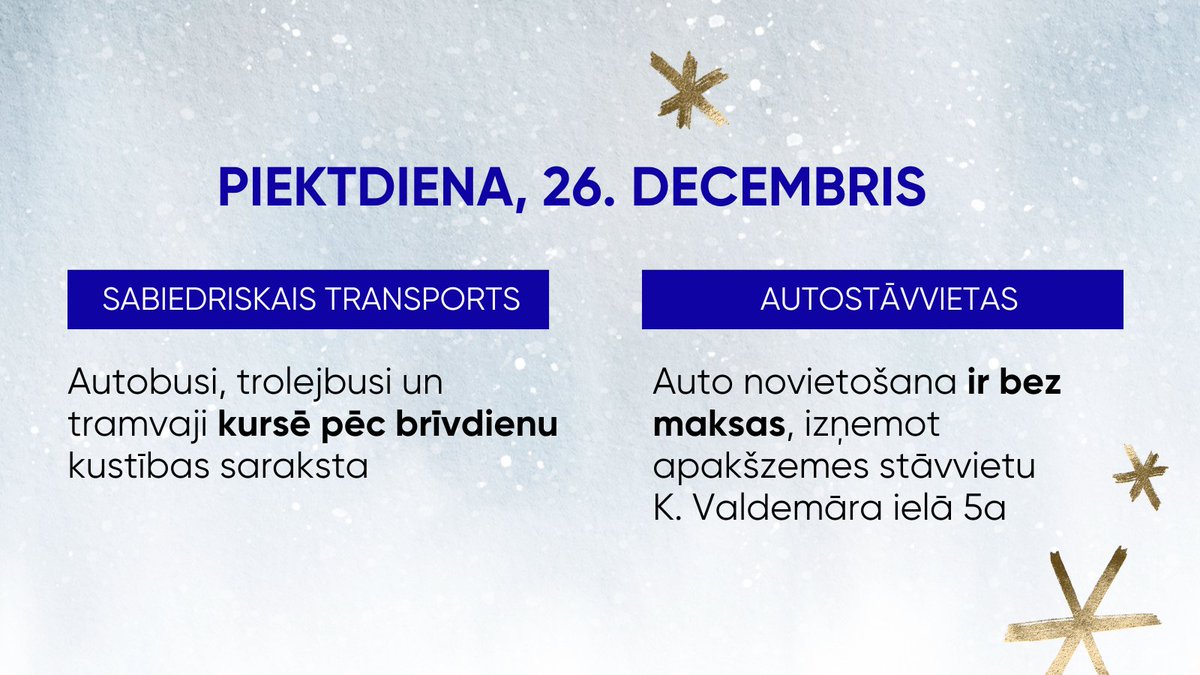 Lai kur Tu šodien dotos baudīt svētkus, atceries, ka par auto novietošanu nav jāmaksā, bet sabiedriskais transports kursē pēc brīvdienu grafika. Un, starp citu, ja vēl neesi paguvis izbraukt ar mūsu burvīgo svētku tramvaju, tad ieskaties reāllaika kartē, atrodi kurā maršrutā tas