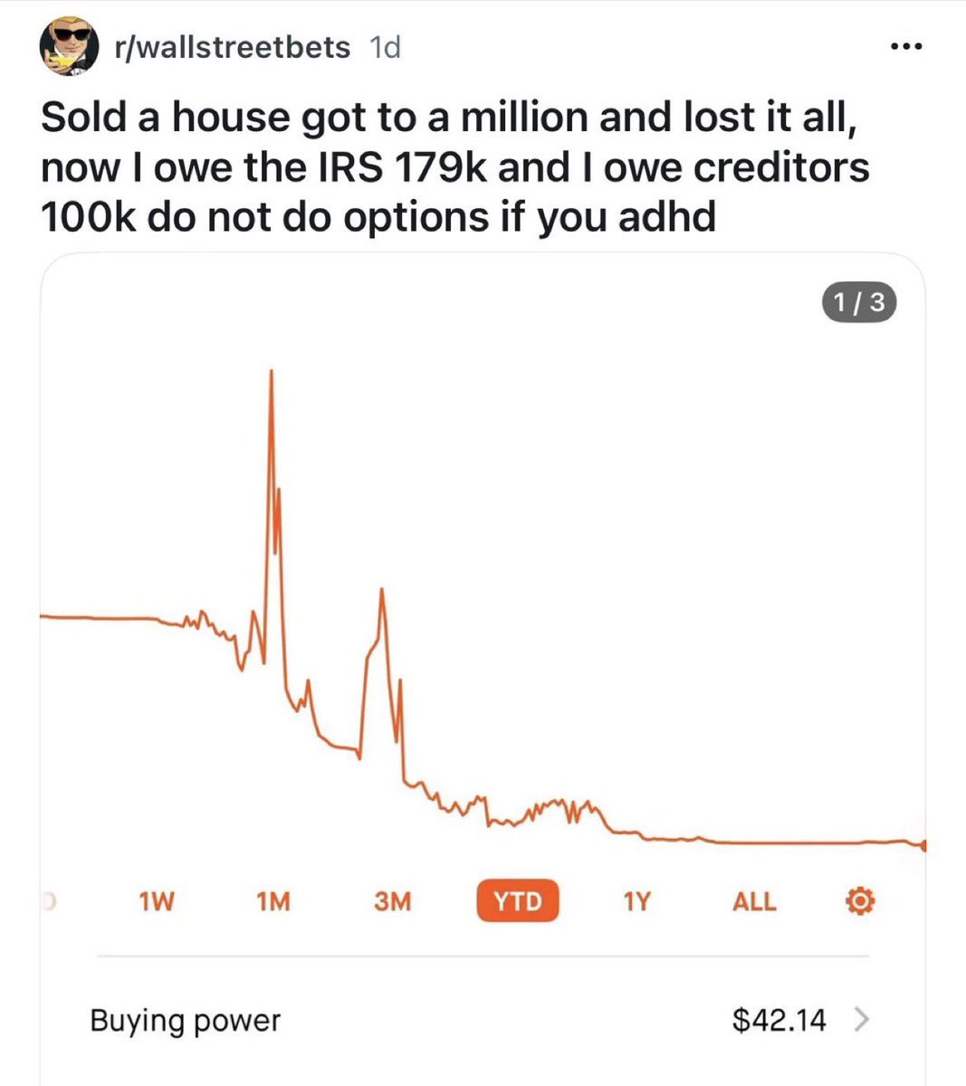 🚨#Reddit’te paylaşılan gönderiye göre, bir kullanıcı evini sattıktan sonra yatırım hesabını 1 milyon dolara kadar yükseltti. Ancak kısa süre içinde yaptığı işlemler sonucunda tüm parasını kaybetti.