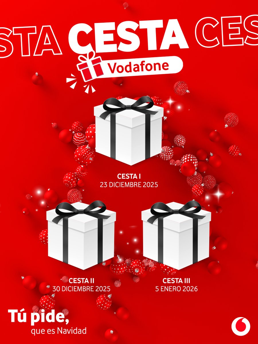 Vuelve el SORTEO de la #CestaVodafone! 🎁 Guarda este post y no te pierdas los regalazos que tenemos preparados:⁣
⁣
🗓 23 de diciembre⁣ con Nostalgia Milenial
🗓 30 de diciembre⁣ con <a href="/vivo_espana/">vivo España</a>
🗓 5 de enero⁣ con @oppoespana
⁣
¿Qué habrá en cada cesta? Tendrás que esperar