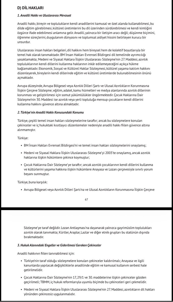 DEM Parti, raporda ‘anadil hakkı’ ile ‘anadilde eğitimi’ bilerek karıştırıyor. Bireylerin okullarda anadillerini öğrenmesi zaten 2012 yılında mevzuata girmişti.‘Anadilde Eğitim’ temel derslerin de (matematik,fen,tarih) anadilde verilmesidir.
