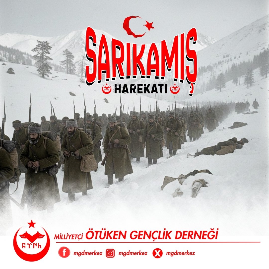 111 yıl önce, en zorlu şartlarda Sarıkamış Harekâtı’na başlayan ve her türlü imkânsızlığa rağmen şehadete yürümekten geri durmayan şanlı ecdadımızı rahmet, minnet ve saygıyla anıyoruz.

#Sarıkamış 
#SarıkamışHarekâtı