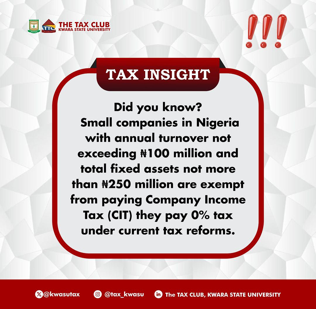 kwasuTax's tweet photo. Tax relief for growth 🌱📊 Small companies and eligible startups now enjoy 0% Company Income Tax under Nigeria’s new tax reforms. Supporting innovation, encouraging business.
#TaxInsight #StartupAct #SmallBusinessSupport #NigeriaTaxReform #CITExemption https://t.co/C2bcnoJoij