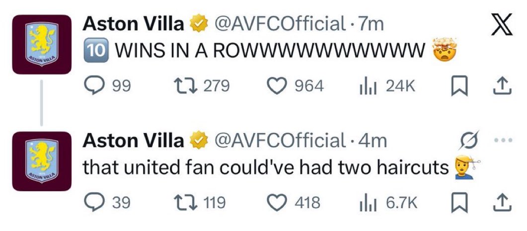EPL_Gunlukleri's tweet image. 10 maç üst üste kazanan Aston Villa, saçını kestiremeyen United taraftarıyla dalga geçiyor:

"Üst üste 2 kez saçını kestirebilirdi" 😅