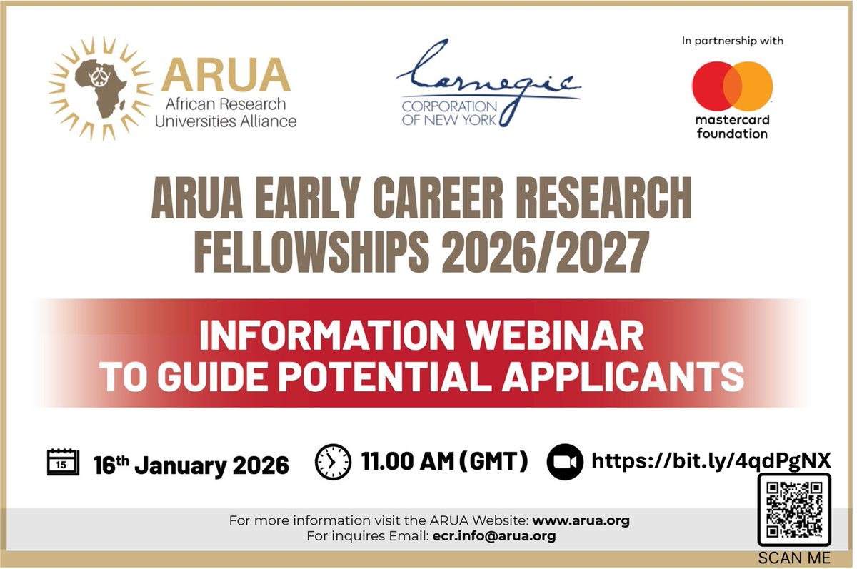 ARUA_News's tweet photo. 🎓 Applying for the ARUA ECR Fellowship – Cohort 2?
Join our Information Webinar to learn about eligibility &amp; proposal alignment:
🗓 16 Jan 2026 | 🕚 11:00 AM (GMT)
🔗 Register: https://t.co/rmivkuIW4s
ℹ️ Fellowship details: https://t.co/p4yjubYVfX
#EarlyCareerResearchers https://t.co/FlZDcKPZlx