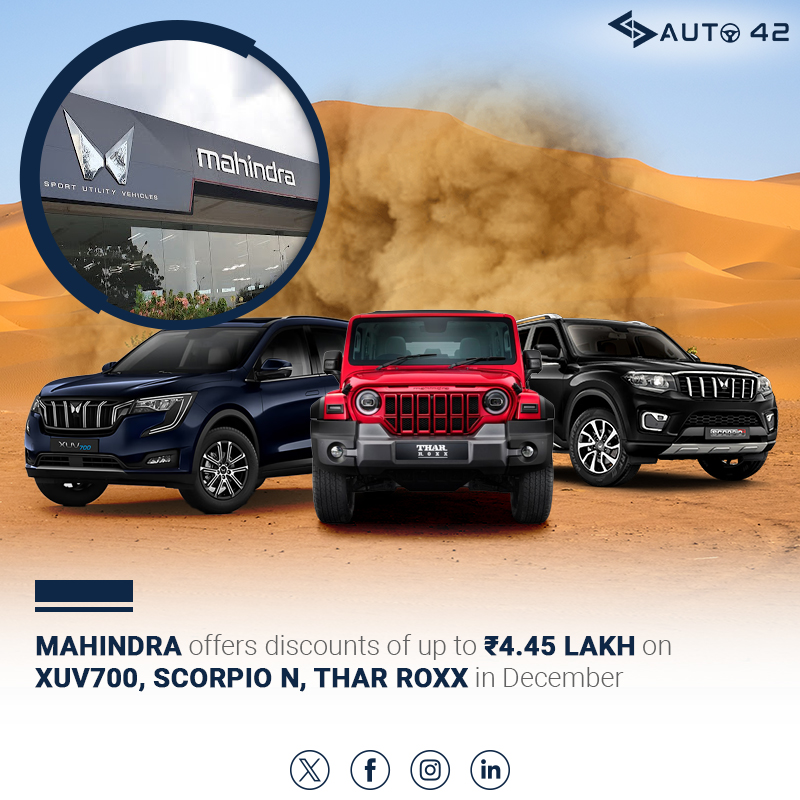 Auto42india's tweet image. Mahindra offers up to ₹4.45L off select SUVs till Dec 31, including XUV3XO, XUV400, XUV700, Scorpio Classic, Thar Roxx &amp;amp; Scorpio N.

#Mahindra #SUVDeals #YearEndOffers #IndianAuto #Auto42 #AutomobileNews