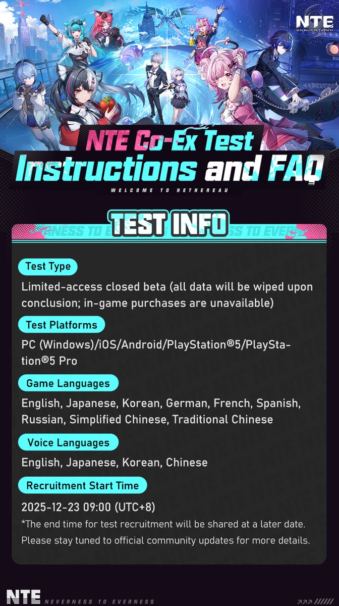 NTE_GL's tweet image. NTE Co-Ex Test Now Recruiting

Recruitment for the NTE Co-Existence (Co-Ex) Test is now open! Preregister and fill out the questionnaire for a chance to gain access to the test!
Go fill it out &amp;gt;&amp;gt; pwgam.es/4scX8kS

&amp;gt;&amp;gt;Test Details&amp;lt;&amp;lt;
▶Test Type: Limited-access closed beta…