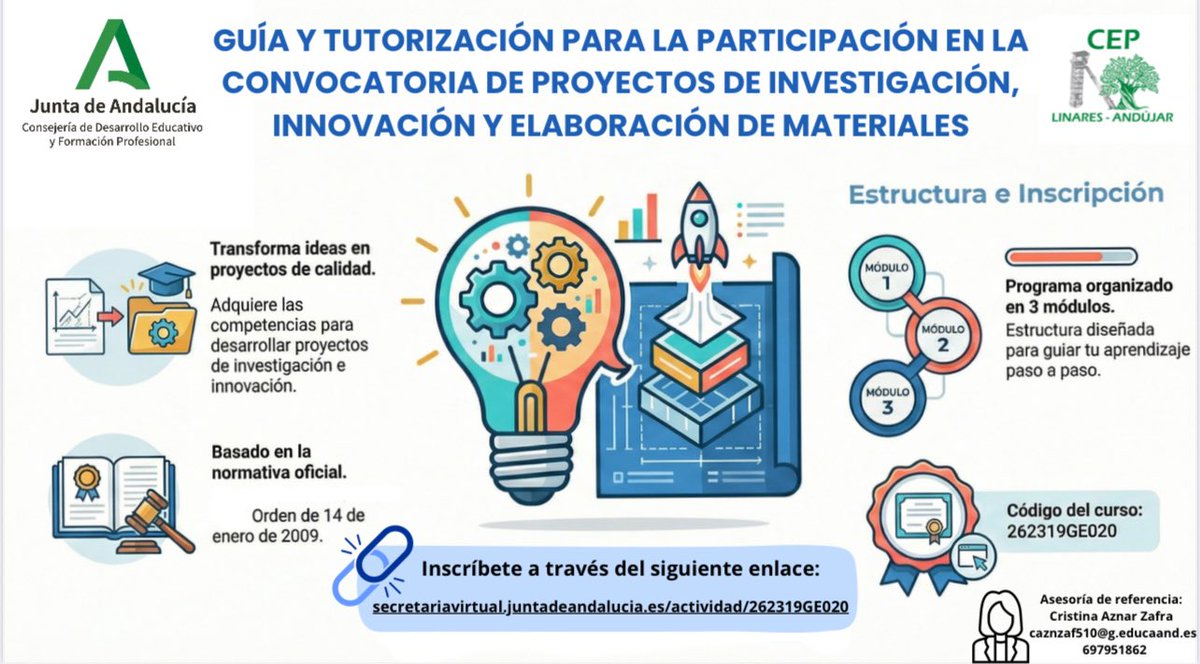 📌 Abierta inscripción de la Actividad Formativa provincial: “GUÍA Y TUTORIZACIÓN PARA LA PARTICIPACIÓN EN LA CONVOCATORIA DE PROYECTOS DE INVESTIGACIÓN, INNOVACIÓN Y ELABORACIÓN DE MATERIALES" (262319GE020) secretariavirtual.juntadeandalucia.es/secretariavirt…