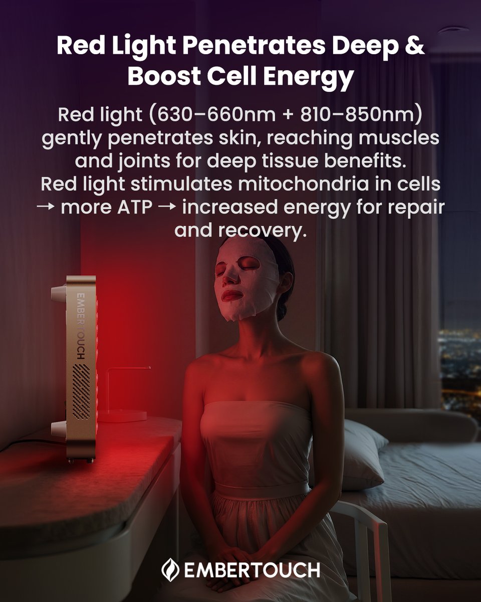 EmberTouch's tweet photo. ✨ Red light therapy supports your body’s natural recovery! ✨
💪 Boosts cell energy
🩸 Improves circulation &amp; nutrient delivery
🌟 Supports metabolism &amp; collagen for healthy skin
Consistency matters — make it part of your routine!
#RedLightTherapy #recovery  #Wellness #Skincare https://t.co/GoehvYkuyn