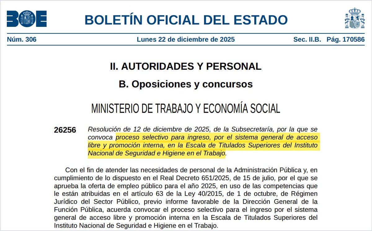INSST_MITES_GOB's tweet photo. 🆕 Publicada en el BOE la nueva convocatoria de la Escala de Titulados Superiores del #INSST.

🔹 67 plazas: 46 de acceso libre y 21 de promoción interna
🔹 Plazo: 20 días desde publicación

¡Trabaja con nosotros!

👉 ➕ info y acceso al trámite, aquí:
https://t.co/DCbJxbWUwC https://t.co/dGFlSXXkuc