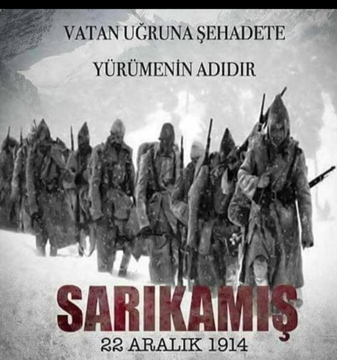 #Sarıkamış Bugün Kimse Hava Çok Soğuk Üşüyorum Demesin. 
Çünkü 111 Yıl Önce donarak Şehit Oldular.
Ruhunuz Şad Olsun. 🇹🇷 

(🇹🇷22Aralık1914
🌒En uzun gece

Minnet ve Saygıyla anıyorum.
#SarıkamışŞehitleri