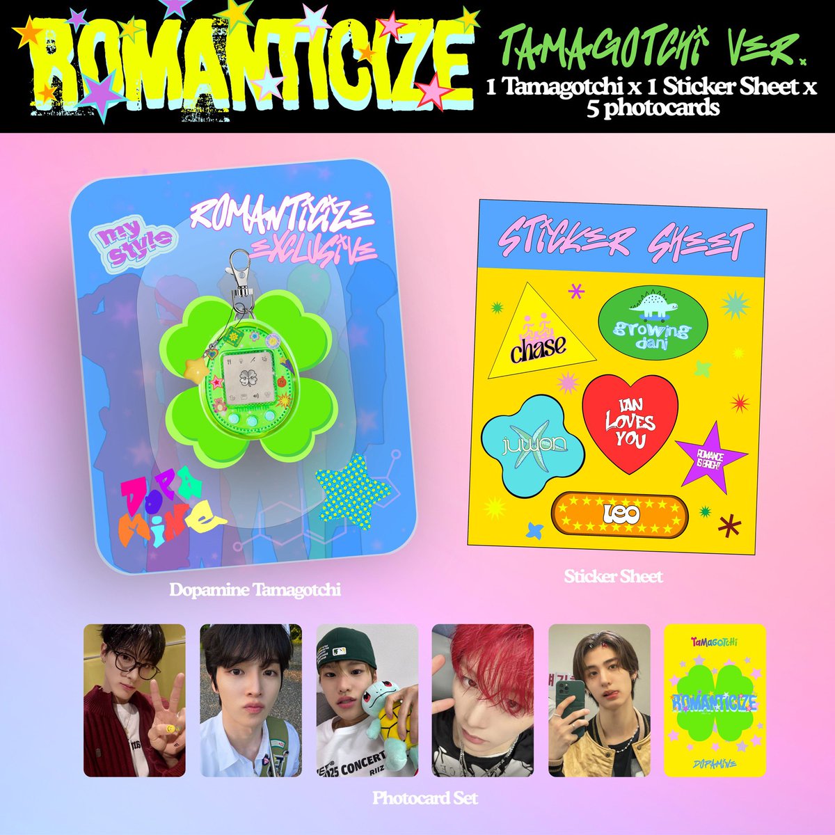 FLYDPM's tweet image. [여기 있다! ‘ROMANTICIZE’ EP INCLUSIONS] 

Let’s romance into the new year! ⭐️💖

Tamagotchi ver. &amp;amp; Jewel Case ver.

💿 Official Release ➫ December 24, 2025

#Dopamine #도파민 #ROMANTICIZE 
#CHASE #IAN #LEO #DANIEL #JUWON