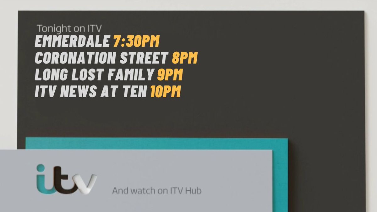 Tonight's Schedule On <a href="/ITV/">ITV</a>
<a href="/emmerdale/">Emmerdale</a> <a href="/itvcorrie/">Coronation Street</a> <a href="/longlostfamily/">Long Lost Family</a> <a href="/itvnews/">ITV News</a>