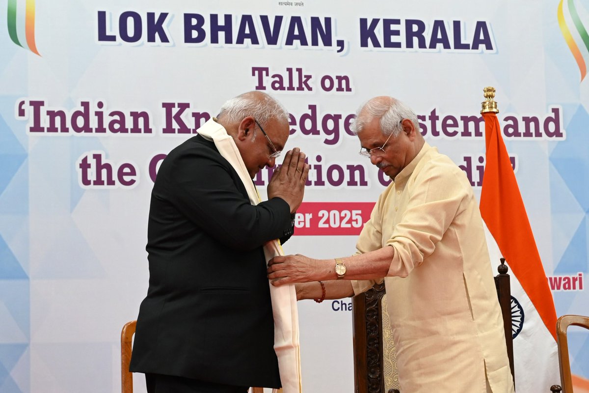 KeralaGovernor's tweet photo. Justice (Rtd) Dinesh Maheshwari, Chairman of the 23rd Law Commission of India, called for the Indianization of our legal system. He was delivering a lecture on ‘Indian Knowledge System and Constitution’ here in Lok Bhavan today. https://t.co/qndQqSxp0h