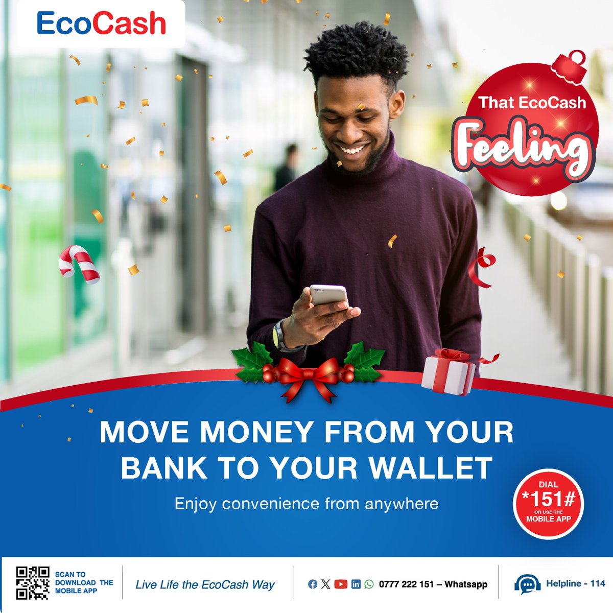 EcoCashZW's tweet image. Move your money conveniently this festive season!

Enjoy the ease of using your bank to wallet services!

#LivelifetheEcoCashway #thatecocashfeeling