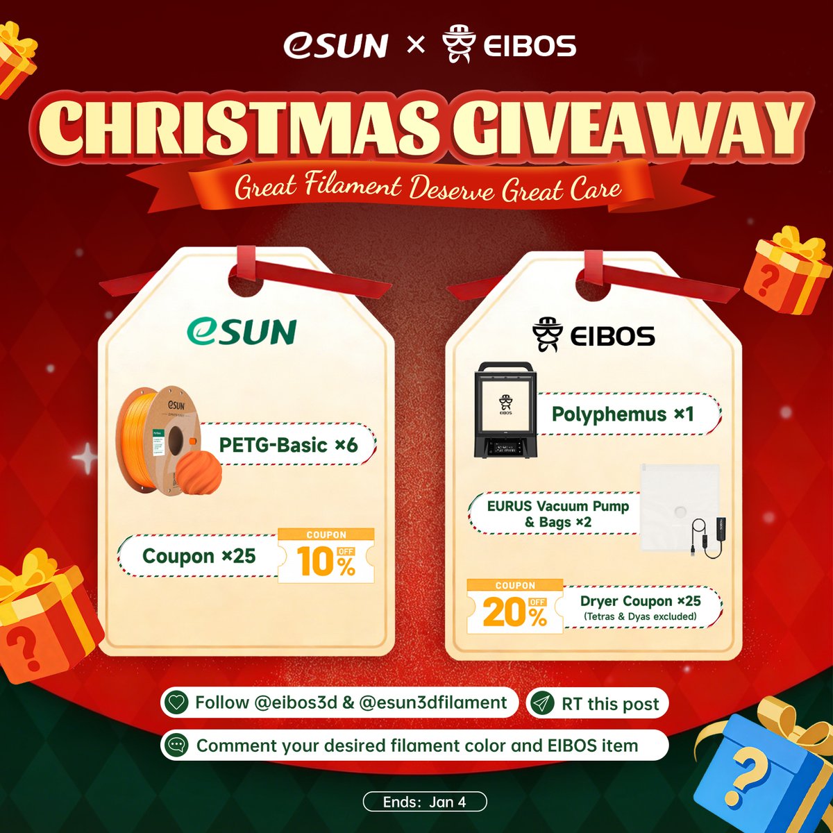 eibos3d's tweet image. 【EIBOS × eSUN】Christmas Giveaway 🎁

Great Filament Deserves Great Care.
This Christmas, @eibos3d × @esun3dfilament join forces to upgrade your setup—from filament quality to professional drying.🔥

🏆What’s inside
🏅eSUN premium filament &amp;amp; coupon (31 winners)
🏅EIBOS filament…