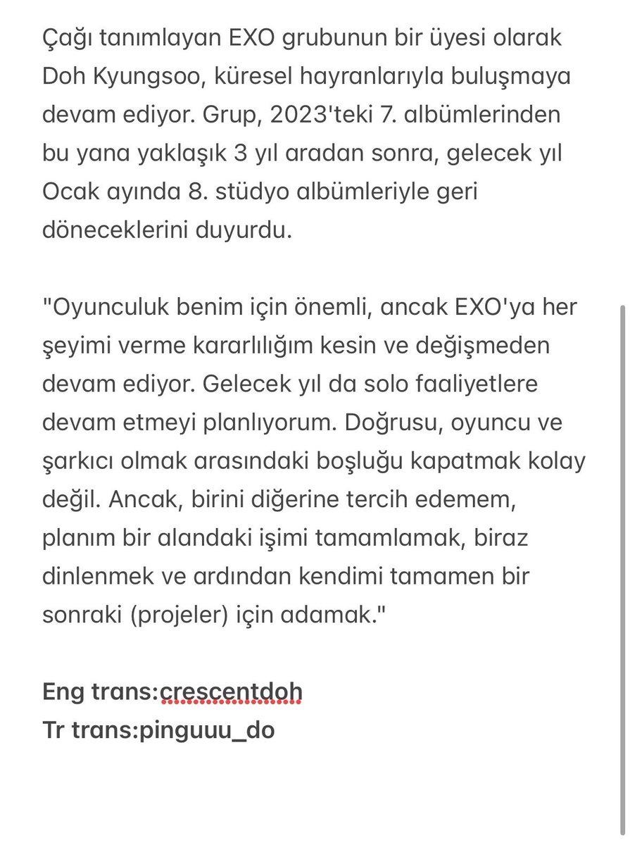 #DohKyungsoo: "Oyunculuk benim için önemli, ancak #EXO'ya her şeyimi verme kararlılığım kesin ve değişmeden devam ediyor. Planım bir alandaki işimi tamamlamak, biraz dinlenmek ve ardından kendimi tamamen bir sonraki (projeler) için adamak."

m.entertain.naver.com/now/article/46…
#Kyungsoo