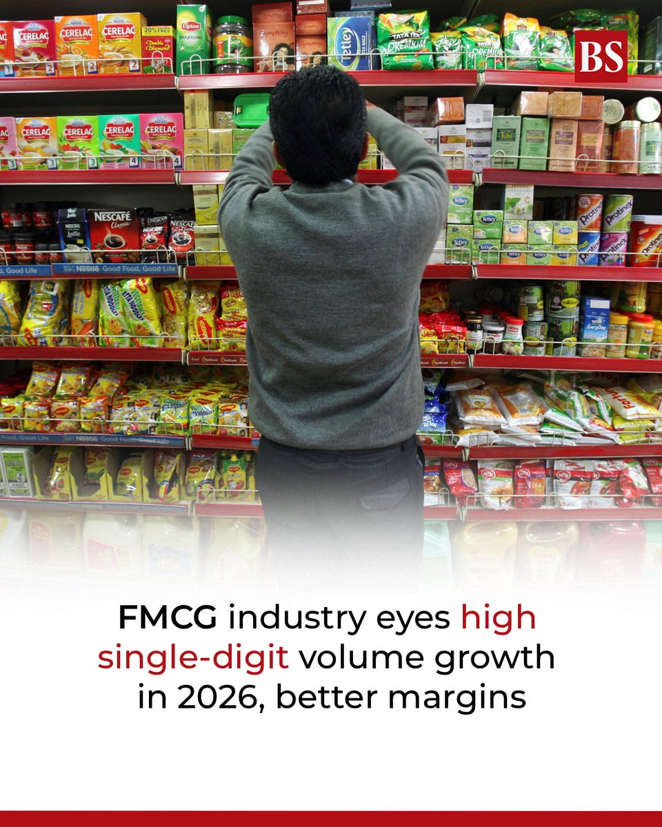 bsindia's tweet image. Expecting 2026 to be a 'favourable year', with policy tailwinds as tax reliefs and GST reforms, along with benign commodities, the Indian FMCG industry looks for a high single-digit volume growth.

mybs.in/2esTQhe

#FMCG #FMCGSector #ConsumerGoods #IndianFMCGIndustry