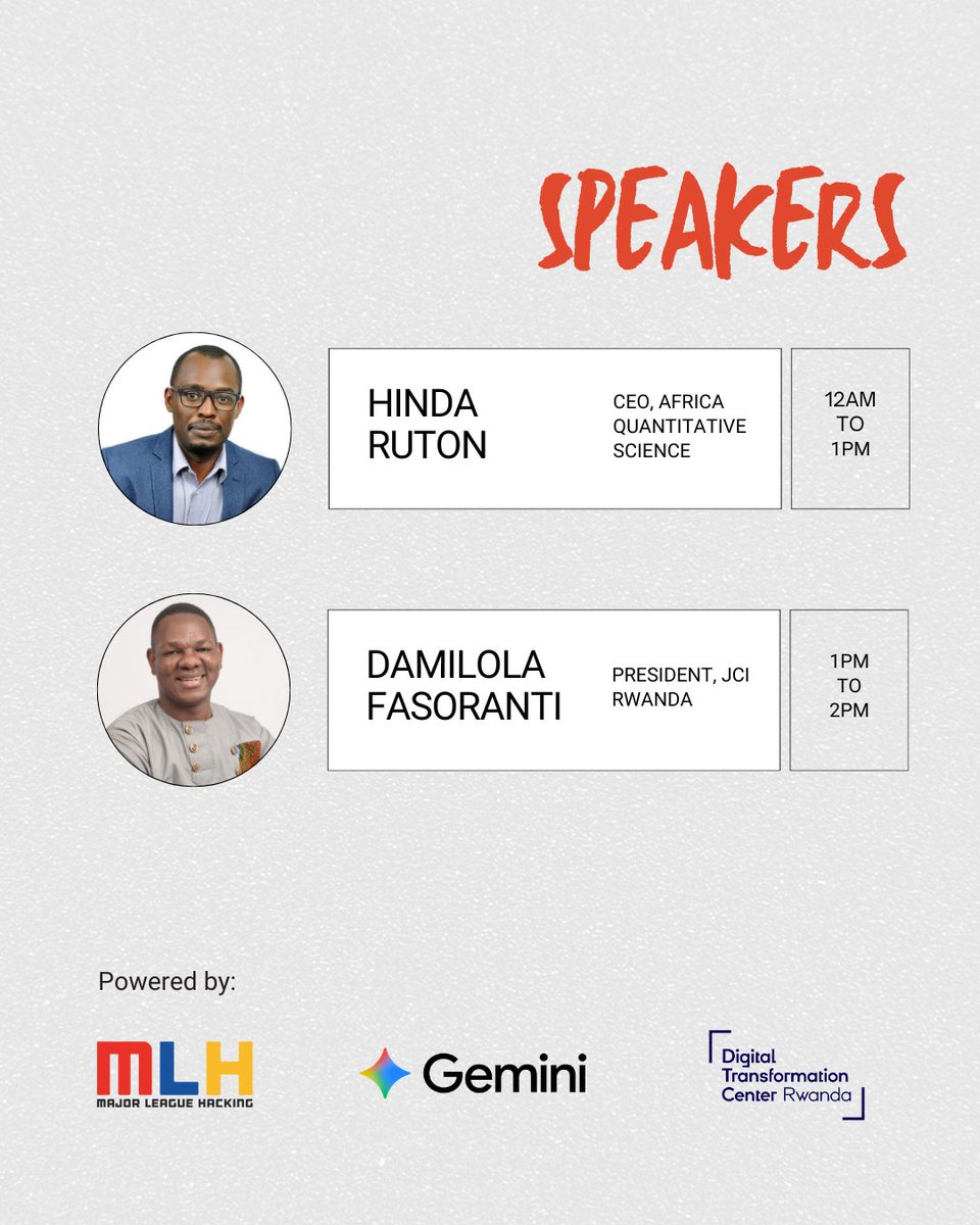 We are excited to announce our speakers at Hack Days Kigali 🎤:
<a href="/rutonh/">Hinda Ruton</a> , Founder &amp; CEO <a href="/Africa_qs/">Africa Quantitative Sciences</a> , and
<a href="/FashDami/">Fásọ̀ràntì 'Fash' Dámilọ́lá</a> , National President at <a href="/jcirwanda/">JCI Rwanda</a> .

#hackdayskigali #geminiai