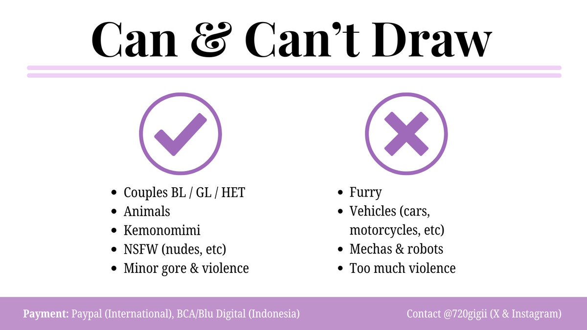 [💜&amp;🔁 are appreciated]

🪻Open YCH Comms for both Indonesia &amp; International

🟣5 Slots Only

Fill this form if you are interested to order: forms.gle/cLxpqqKefHqshF…

#ychcommission #ych #comissionopen #comission #artidn #zonakaryaid #artistindonesia