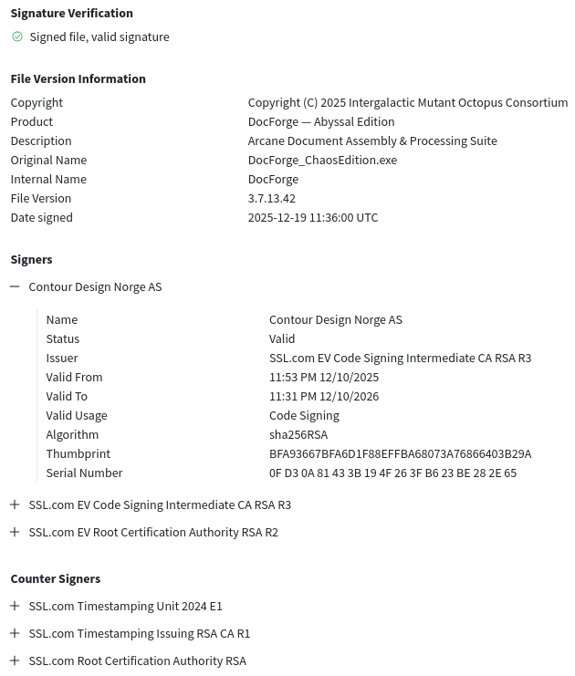 malwrhunterteam's tweet image. "Contour Design Norge AS" (SSL Corp given cert) signed "Invoice_23503_2025.scr" sample, seen from India and Hong Kong: 88954524b8e24acad13d00e1bb66f6cd437df1039087945ff1b010f9c217c1fa
🤷‍♂️