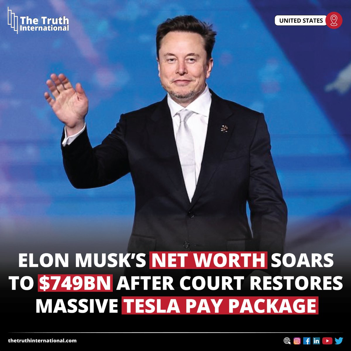 ttimagazine's tweet image. Elon Musk’s Net Worth Soars to $749bn After Court Restores Massive Tesla Pay Package

FIND MORE: thetruthinternational.com/elon-musks-net…

#ElonMusk #NetWorth #Soars #Court #Restores #Massive #Tesla #PayPackage #UnitedStates #TTI